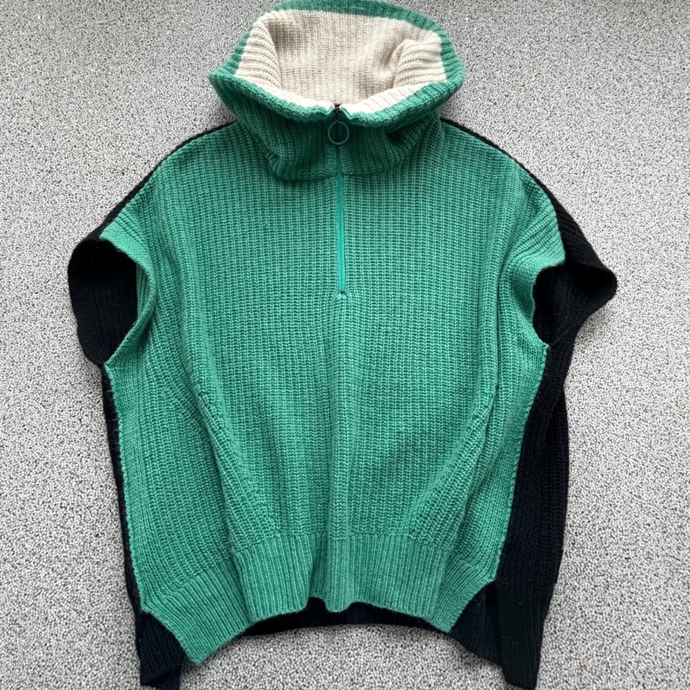 Marc Cain Knit Batwing Sweater Poncho S M Green Black 1/4 Zip Germany Gorpcore